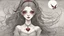 Placeholder: comic style, In the pallid moonlight, a peculiar girl appears - a vampire, her skin a haunting shade of spectral grey, as if she herself were wrought from the lonely heart of a forsaken moon. Cruel rubies are set into her eyes, glowing with ominous liveliness against her lifeless pallor. Blood, a sinister accompaniment to her form, the colour of garnet, seems to drip off her like a macabre jewel, casting a chilling aura of dangerous enchantment about her.