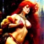 Placeholder: Drawing of beautiful face busty red Sonja,Sweet stare, balanciaga fashion clothe painting by gaston bussiere, greg rutkowski, yoji shinkawa, yoshitaka amano, tsutomu nihei, donato giancola, tim hildebrandt, oil on canvas, cinematic composition, extreme detail,fit full head inside picture,16k