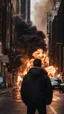 Placeholder: Man in a black bomber jacket, back to the camera, looking down a street, watching an explosion of fire and lights in front of him.