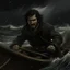 Placeholder: The angry black haired "Boatsman" on a stormy sea realistic grimdark