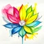 Placeholder: A colorful, abstract and minimal watercolor painting of a flower. The flower has big leaves, rainbow petals, with black outline details giving a scribbled effect. the image is in the middle of a white canvas. The background should be clean and mostly white, with subtle geometric shapes and thin, straight lines that intersect with dotted nodes. The style is expressive and textured, reminiscent of outsider art.