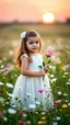 Placeholder: A baby girl with a white dress standing in beautiful colorful meadow of wild flowers floral background, landscape with white or pink flowers with sunset and blurred background. Soft pastel Magical nature copy space evening not bright the girl holding a rose