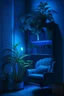 Placeholder: a room with blue led lights and a very nice chair and book shelfs and a potted plant