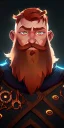 Placeholder: Dungeons and dragons character, warrior dwarf male, friendly face, high detail, High definition, ginger braided beard, ginger long hair in a bun, heavy armor, short height, black backdrop, mustache, battle ax, full body