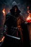 Placeholder: the bloody sorcerer known as The Shadow of Death weilding the staff of undeath. black rotting smoke. undeads in the background. fantasy art, Cinematic lighting, Volumetric lighting, Epic composition, Photorealism, Bokeh blur, Very high detail, Sony Alpha α7, ISO1900, Character design, Unreal Engine, Octane render, HDR, Subsurface scattering