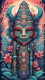 Placeholder: Create a surreal and dreamy painting of a tribal tiki totem featuring vibrant colors, whimsical motifs, and intricate details, inspired by the signature styles of Audrey Kawasaki, Camilla d'Errico, and Thomas Kinkade, with elements of Beeple's digital art and Lois van Baarle's atmospheric coloring, incorporating a touch of grotesque elements for a lowbrow aesthetic.