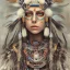 Placeholder: war painted pueblo Indian female,detailed eyes, blue eyes,, disturbed expression.intricate detaile,thnically accurate face, intricate head dress,detailed turquoise jewelry, detailed hair, detailed feathers, use dynamic palette, accurate proportions, high contrast black smokey bokeh background.studio ghibli,andrea bonelli, style.