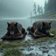 Placeholder: two anthropomorphic wolf-human hybrids in body hair lie exhausted and wet on their stomachs on two wooden boards next to a deep river, on the opposite bank in the distance, hour-long, thick-trunk trees are faintly visible, grass, mud, rain, high realistic, detailed, cinematic, sci-fi, digital art, dark fantasy mood