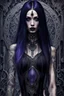 Placeholder: a crepy stunning mystic woman with dark purple-black long hair and black tattoos on her body, a cold, indifferent expression, silver and black onyx jewelry, black lace dress, cybernetics, crepy stunning anthropomorphic female, Minjae Lee vibe, cbybernetic and etheral human, ancient deity, by Vincent Lefevre and Yoshitaka Amano, stunning 3d