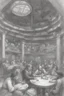 Placeholder: Sketch of the interior of a dnd tavern with people at round tables