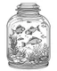 Placeholder: fish sea life in jar minimalistic, line art, background, vector, svg, coloring book page style, black outline on white background