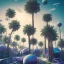 Placeholder: 1980's aesthetic vaporwave curvy palm trees with spheres and ufo