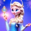 Placeholder: Flower , beautiful smiling elsa holding microphone, amazing blue eyes, happy cosmic, bright colors, blue, pink, gold, jewels, realistic, photo real, clear godly background, highly detailed, high contrast, 8k high definition, unreal engine 5, extremely sharp detail, light effect, sunny light background