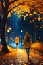 Placeholder: night yellow lights over the street trees autumn leaves under feet ,a Student adult girl with books in her hand walking in street turned back to talk to a boy walks after her few meters away her back