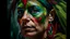 Placeholder: Extreme close-up portrait of a 34-year-old Amazonian woman with red and black face paint and feather earrings, a small green parrot perched near her cheek, powerful direct gaze, blurred dark green background, contemporary expressionist painting style.