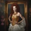 Placeholder: facial portrait, Paul Stanley/Ray Stevenson/Elvis Presley/Thomas Jane/Dolph Lundgren/Jon Bernthal/Jeffery Dean Morgan as a beautiful auburn-haired queen of hearts wearing a gold Swimming suit, dark, multicolored watercolor stained wall in the background, oil painting in the art style of Gilbert Stuart, 32k UHD, Hyper realistic, photorealistic, realistic, sharp, highly detailed, professional quality, beautiful, awesome, majestic, superb, trending on artstation