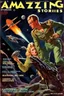 Placeholder: Cover of "AMAZING STORIES" Magazine, adventure, sci-fi, Eldritch, sharp colors, by Bill Elder, by Boris Valejo and Julie Bell, maximalist, dramatic, action, retro 50's magazine cover.