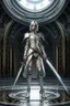 Placeholder: full body picture of a skinny woman with a bob, in silver armour, holding a curved sword, futuristic steampunk background