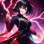 Placeholder: Clear focus, 8k, beautiful lighting, vibrant colors, girl, black hair, short hair, red eyes, laughing, angry, lightning magic, red inner hair,