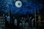 Placeholder: A blackish blue city with the crescent moon at midnight painted by Vincent van Gogh