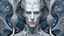 Placeholder: a pale scandinavian man in a swirl of three patterns, in the style of cybernetic sci-fi, intricately sculpted, serene face, futuristic victorian, exquisite realism, dark white and blue, fantasy art, perfect face, perfect eyes, perfect nose, show chest