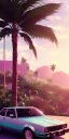 Placeholder: 1980's aesthetic vaporwave palm trees with spheres and car