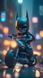 Placeholder: A Sharp Kawaii tiny hyper realistic baby batman riding mini harley davidson, wearing bikers clothes with freestyle action, night of cyberpunk city background. wide angle full body, 8k, Cinematography, photorealistic,epic composition Unreal Engine,Cinematic, Color Grading, Portrait Photography,Ultra-Wide Angle, Depth of Field, hyper detailed