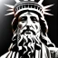 Placeholder: line toned, hedcut, wsj style, statue of cruicified Jesus of Liberty with a beard and wearing a cross and hanging from a cross, The statue male, hyperdetailed intricately detailed photoillustration ink drawing dystopian 8k resolution entire body of the statue is in the picture. digital illustration telephoto lens photography , same colors as the us treasury's one dollar bill, crucified"