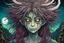 Placeholder: full color front facing portrait of a malevolent Yama Uba witch with highly detailed shaggy hair and slim, withered narrow facial features, in a haunted mountain forest, pierced by shafts of moonlight , art in the style of Alex Pardee, spirited away, studio ghibli, , 8k , finely detailed and precise line work, soft natural Spring colors