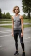 Placeholder: photography of a beautiful anorexic woman, grey satin triathlon top, sports illustrated, blond short wavy bob haircut, pronounced sternum, flat chest, anthracite cycling leggins