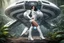 Placeholder: photorealistic slim woman with dark hair and white boots in a heroic pose in front of a fat wide spaceship in the jungle