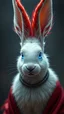 Placeholder: humanoid rabbit. white fur, long rabbit ears. cardinal red featherly shoulder length hair, bioluminescent electric blue eyes