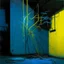 Placeholder: Minimal abstract oil painting of a blue neon plant in concrete warehouse brutalist architecture and hanging wires illuminated at night. With triadic yellow colours. In the style of Justin Mortimer and Phil Hale, Ashley Wood