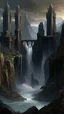 Placeholder: Fantasy city with 2 tall square black towers on the edge of a dam with a waterfall falling into a chasm below it in the mountains