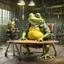 Placeholder: a big fat yellow-green anthropomorphic frog in human cloths sitting on a massive metal chair at the wooden table, talking with opposite sits on a less chair one pale brown little mutant anthropomorphic frog with a round head, big round eyes and little pig ears on his head and wearing work clothes and looking the frog, in background blur empty assembly workshop, hangar, pale light, high detalied, high realistic, professional photo, sci-fi mood, fantasy style, digital art