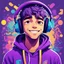 Placeholder: masterpiece, intricate details, a wide angle 2D anime bold line flat color illustration of a cheerful boy in a high purple hoodie and headphones in hip hop style, dopamine style, overlaying mixed patterns of pop art text and emoji device installations, sharp focus, charming character illustration, beautiful vibrant kuler palette gradient