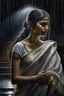 Placeholder: In the dimly light scene, an Indian woman stands gracefully in a wet off-white saree amidst heavy rain and powerful winds on a stormy night. This striking and hyper-realistic oil painting by Philipp Weber captures her beauty and resilience in hardship. The intricate details of the woman's expression, the flow of her saree, and the atmospheric effects of rain and wind are masterfully portrayed, creating a truly captivating and immersive experience for viewers.