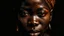 Placeholder: Extreme close-up portrait of a 34-year-old African woman with a traditional African ritual mask lifted onto her forehead, large copper earrings, warm side lighting on textured skin, intense eyes looking at the camera, minimal dark background, expressionist painting style inspired by Egon Schiele