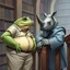 Placeholder: visible to waist a big and fat anthropomorphic frog hybrid in simple clothes talking with a strong gray (anthropomorphic rhinoceros without horns) in pale blue guard clothes, they talking and leaning on a wooden banister, in background a bibliothek with tall book shelves, detailed sci-fi, fantasy mood