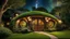 Placeholder: hobbit cottage in the woods surrounded by trees, night, circular hobbit-style door with central knocker, circular hobbit-style windows, green grass roof, lanterns, starlight, quaint, homely, inviting, LOTR, Tolkien