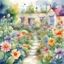 Placeholder: Create a charming and whimsical urban garden's illustration in a watercolour style featuring a garden full of flowers depicting faces on their petals. The scene should evoke a sense of magic and playfulness, making it an enchanting visual for young readers. Emphasize vibrant colors, friendly expressions on the flower faces, and an overall delightful atmosphere. Let the illustration capture the imagination, making it a perfect addition to a children's book or any playful setting.