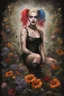 Placeholder: realistic portrait of harley quinn an image of showing a dance of flowers, where each petal and stem moves rhythmically, creating a floral ballet, dark flowery swamp, acid ground, ruins, floral fantasia, dark sci-fi, terraforming with biomechanical