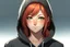 Placeholder: An anime young adult female with medium length red hair, brown eyes, wearing a black hoodie, realistic, slight smile