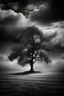 Placeholder: A single chestnut tree standing in isolation, framed by a distant view, captured through a conceptual lens, evoking an illusion of a fine art piece, against a dark cloudy sky, embracing elements of surrealism, in a mesmerizing black and white composition.