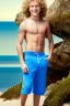 Placeholder: full body image of a beautiful 12 year old boy with long, blonde curly hair and light blue eyes, smiling, shirtless, in front of an distant beach, 8k