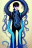Placeholder: 16 year old boy warlock with milky blue eyes, and lamprey tentacle growing out of his belly. in the style of HR Giger