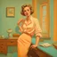 Placeholder: oil painting of woman in messy blouse pointing to her neck, 1950s architecture interior house, art deco furniture visible. peach orange and cyan interior