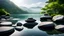 Placeholder: A serene summer scene . Rocks delicately balanced atop each other in the water form a minimalist, tranquil composition. This image exudes a powerful zen atmosphere, with its soft and natural background. It encapsulates the essence of environmental art and invites meditation in a zen garden or temple,reflections,dramatic scene