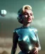 Placeholder: Ultra Realistic retro sci-fi 1960 scene, waist up view portrait, blonde woman, sweet young Marilyn Monroe face, perfect iris, tight latex coat, alien planet background, tight style, steel sphere dron levitating, fog, rain, soft color, highly detailed, unreal engine 5, ray tracing, RTX, lumen lighting, ultra detail, volumetric lighting, 3d, finely drawn, high definition, high resolution.