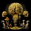 Placeholder: a huge golden brain supported by very small beautiful Asian female human bodies, Communist propaganda slogan banner,complex surgical instruments,a newborn boy between light and shadow, black background,surrealism, symbolism, minimalism, sculpture by Lucian Freud, Rene Magritte, Salvador Dali